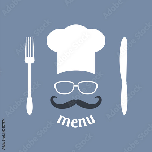 Hipster chef  hat with mustache and glasses.