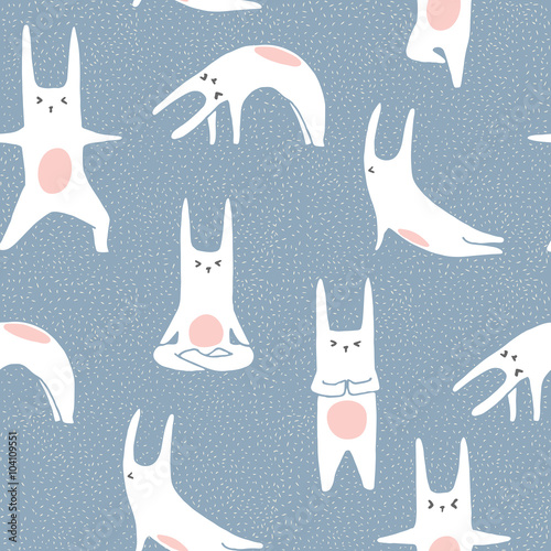 rabbits doing yoga poses. Seamless pattern in vector.