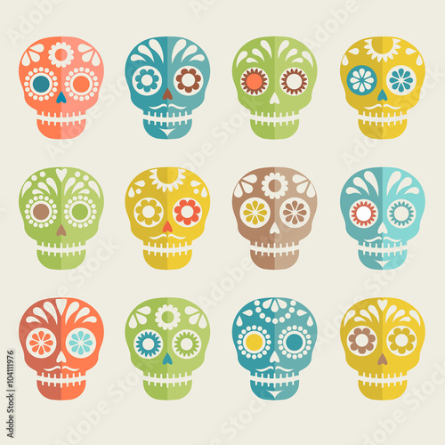colorful patterned skull set, Mexican day of the dead 
