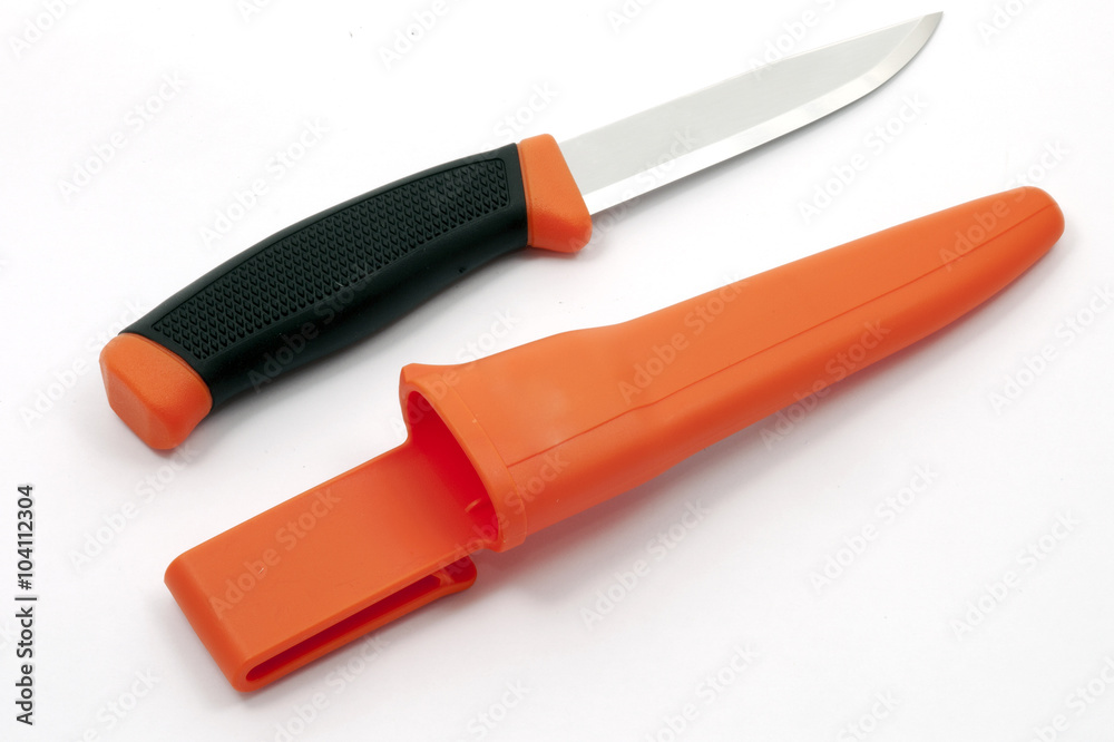 Sharp steel knife with black handle , orange scabbard Sharp steel knife with black handle , orange scabbard