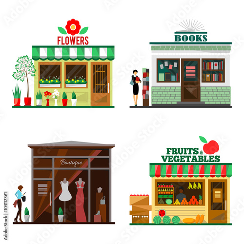Cool set of detailed flat design city public buildings