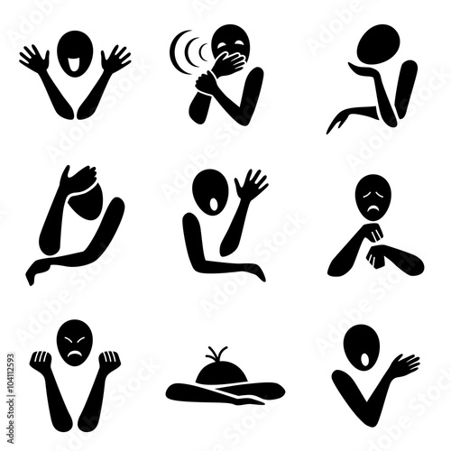 Different emotion icons.
Gesture set. Black and white cartoons with hands and heads of the people.