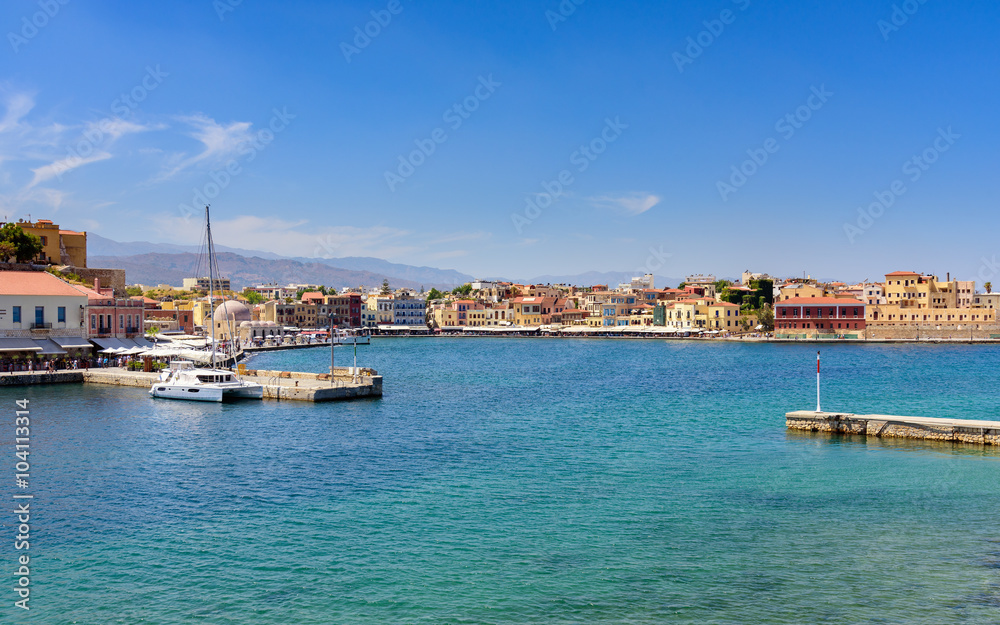 View of the Cretan sea and Greek port of Chania on the island of Crete.