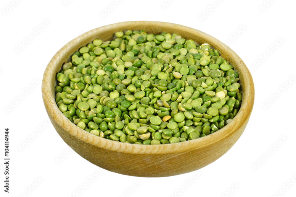 Green lentil beans in wooden bowl, isolated on white, top view Green lentil beans in wooden bowl, isolated on white, top view