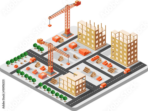 Detailed illustration of isometric construction building with construction cranes and trucks and houses