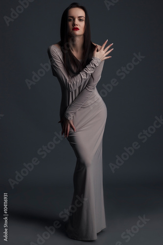 High fashion brunette girl in the long dress in the studio