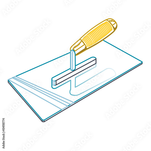 Nice classical outline four-sided stucco trowel on white background, yellow orange handle and blue head. Construction tools, isolated flatten illustration master vector icon, useful sign.