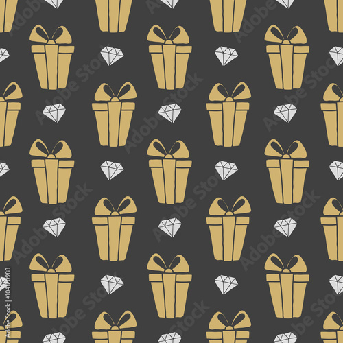 Vector seamless pattern gift boxes and diamondsl in doodle style. Hand drawing.