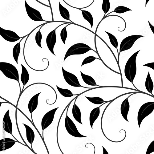 vector illustration, seamless pattern, decorative dark-grey curly tree branches with black leaves on white background