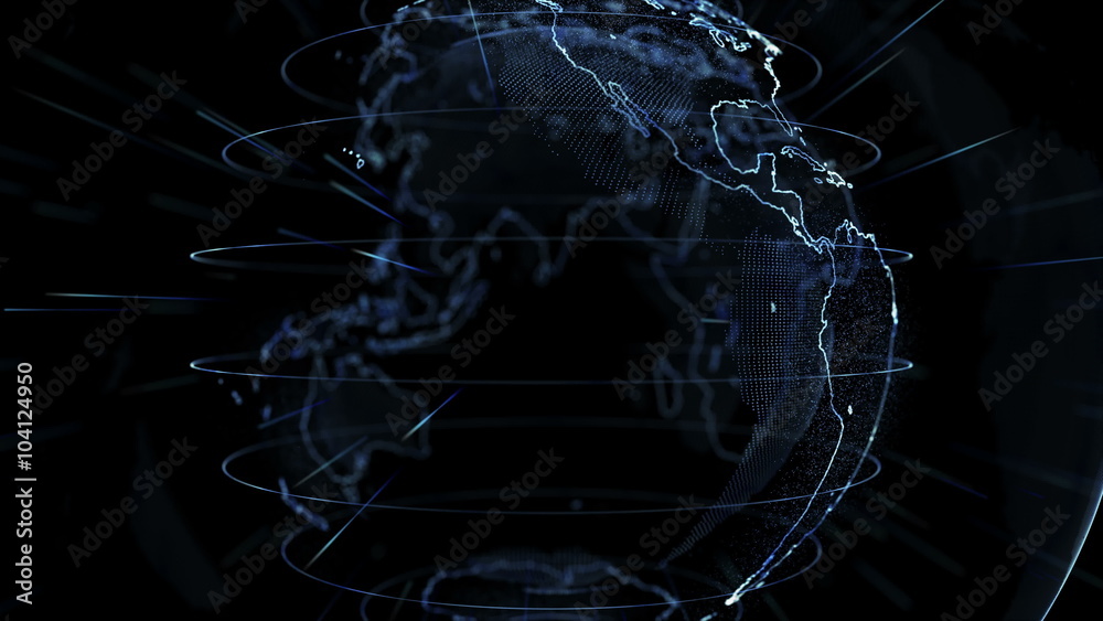 Digital Blue shinny globe of Earth. Rotation of glossy planet with glowing particles. 3D animation of space with digital exploding Earth, Abstract world map background for news intro. full hd and 4K.