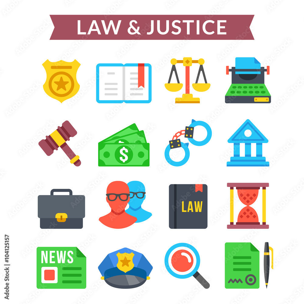 Law & justice icons set. Judicial system, court system, law, justice. Flat vector icons set Law & justice icons set. Judicial system, court system, law, justice. Flat vector icons set