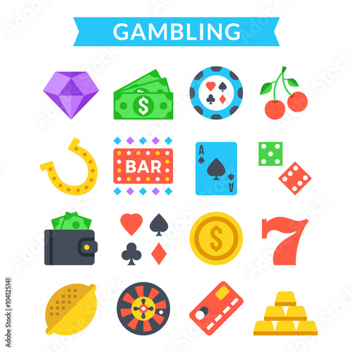 Gambling icons set. Gambling, gaming, card game, casino, roulette, slot machine. Flat vector icons set