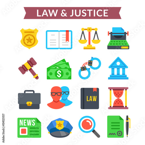 Law & justice icons set. Judicial system, court system, law, justice. Flat vector icons set
