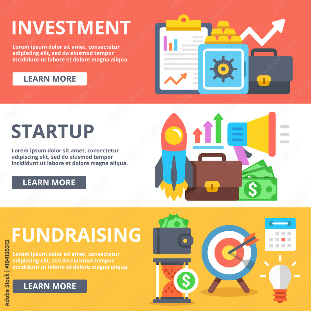 Investment, startup, fundraising flat illustration set Investment, startup, fundraising flat illustration set