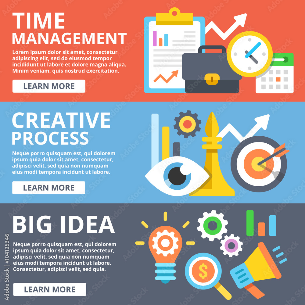 Time management, creative process, big idea flat illustration set Time management, creative process, big idea flat illustration set