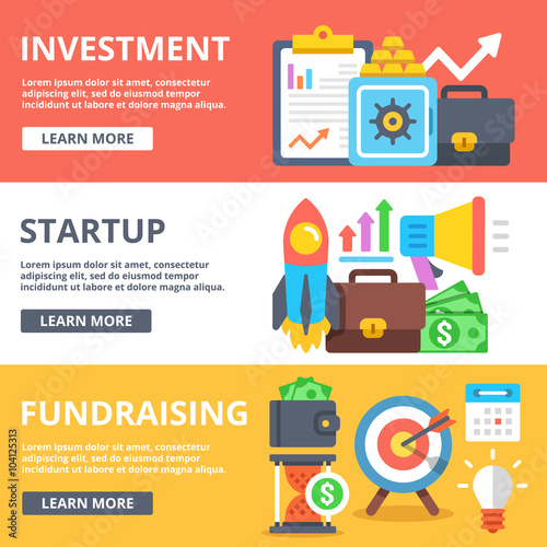 Investment, startup, fundraising flat illustration set