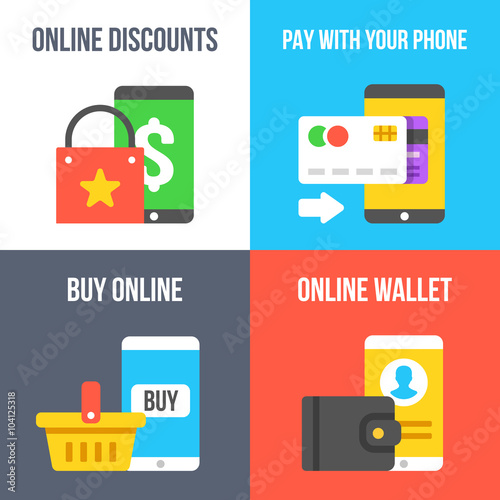 Online discount, pay with your phone, buy online, online wallet flat illustration set