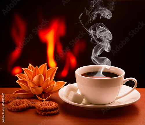 hot coffee near fireplace