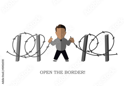 Poster "Open the border!". Silhouette of a refugee on a white ba