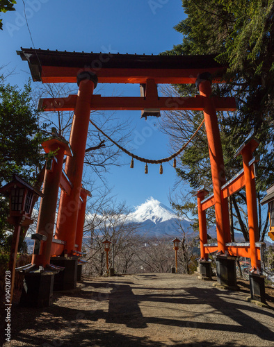 view of fuji mountain frame in Torii Japanese tradition gate fro