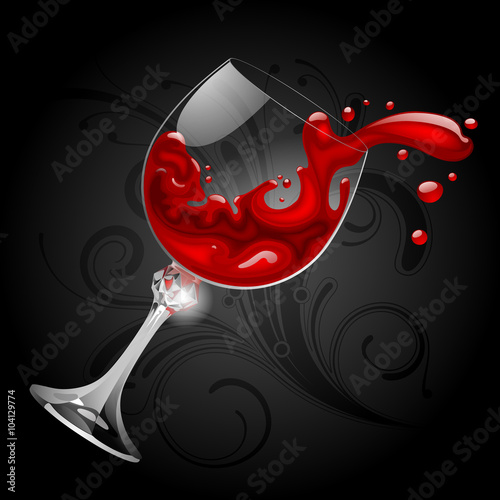 Falling transparent glass with red wine on black background