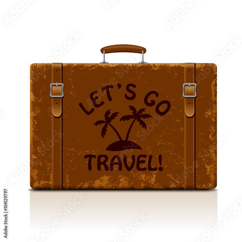 Vintage brown threadbare suitcase with straps and buckles isolat