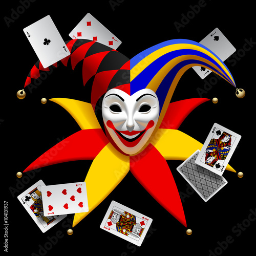 Joker head with playing cards isolated on black