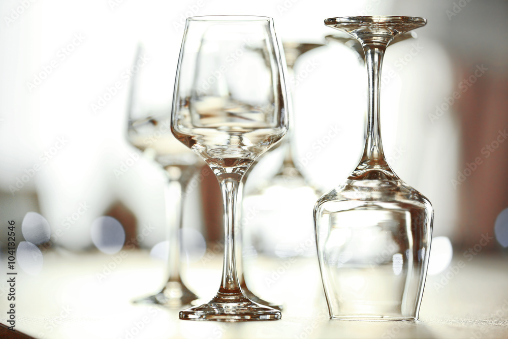 Empty wineglasses on a table, close up