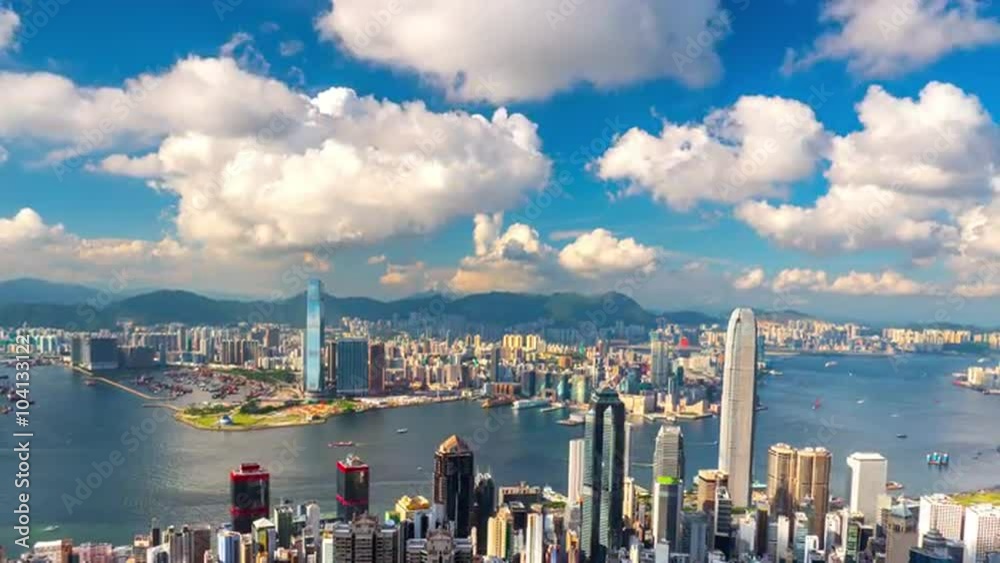 Aerial view of Hong Kong city skyline with high modern skyscrapers at sea harbor
