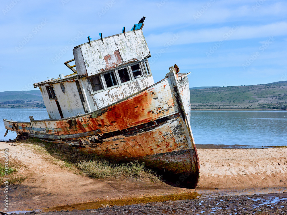 Shipwrecked and burned boat near Point Reyes California.