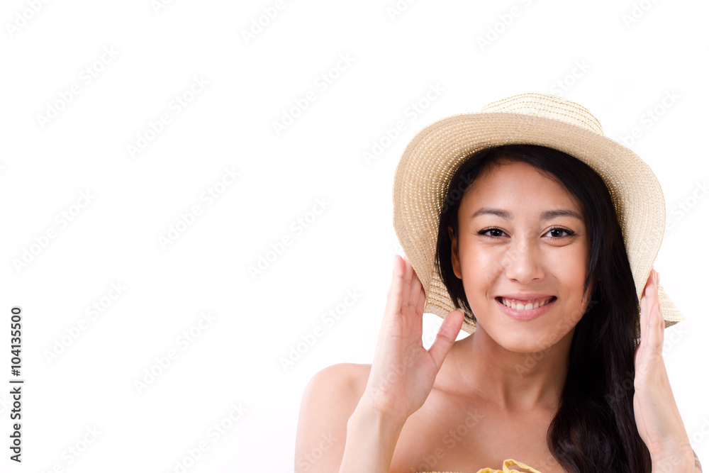 happy, smiling beautiful woman wearing hat in summer dress happy, smiling beautiful woman wearing hat in summer dress
