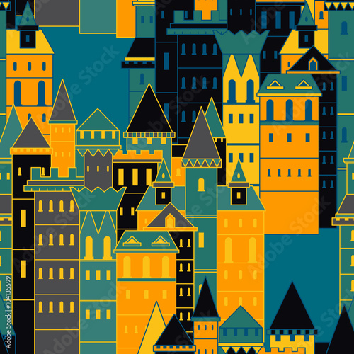 Seamless pattern with fairy medieval castles. Vintage colorful hand drawn vector illustration in line art style