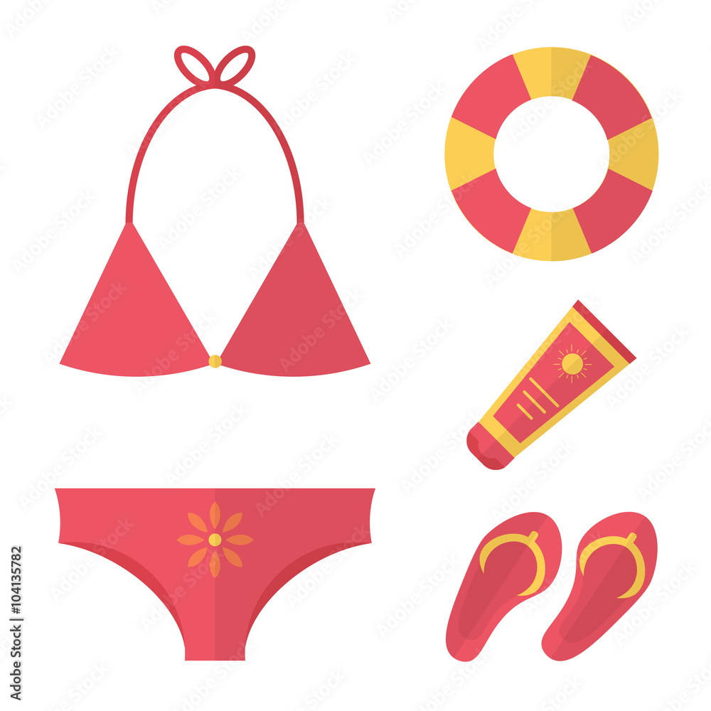 Flat design summer vacation set. Swimsuit, sunscreen, flip flop and air cushion.
