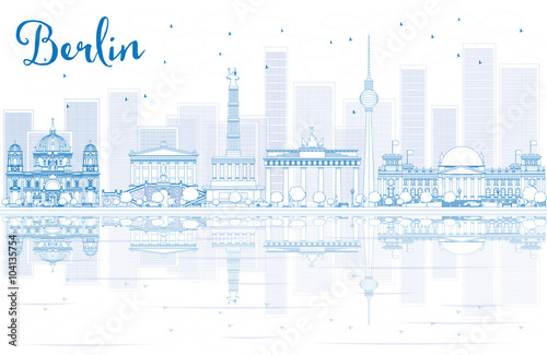 Photography Outline Berlin skyline with blue buildings and reflections.