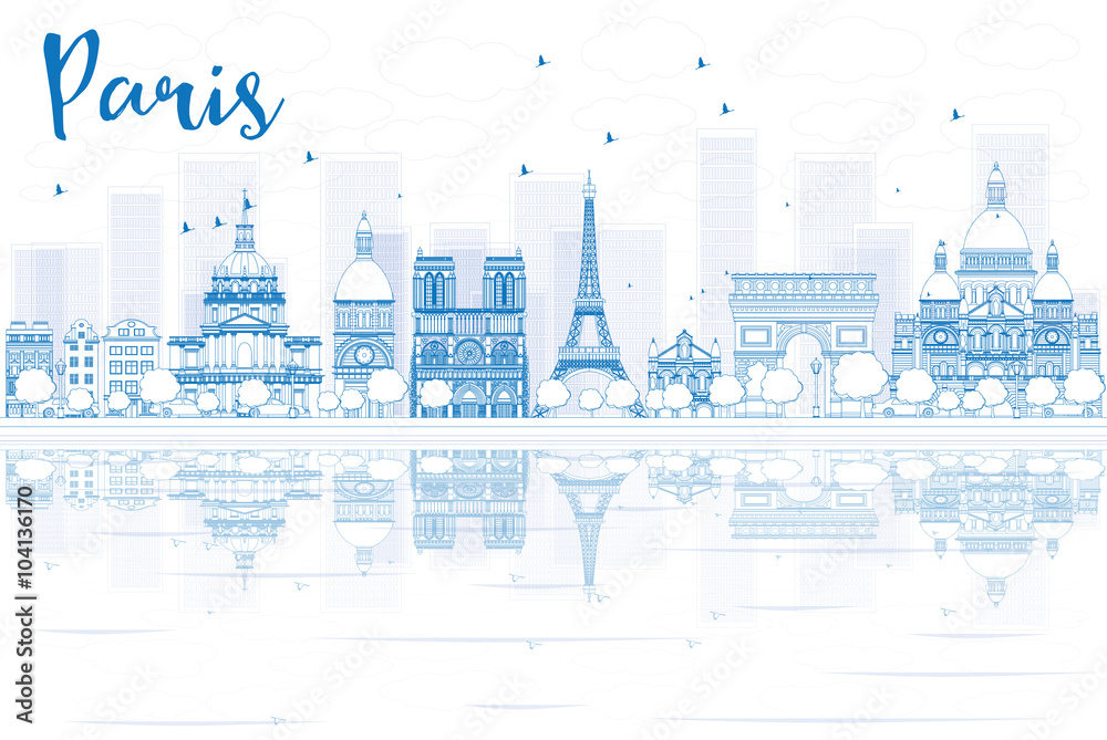 Outline Paris skyline with blue buildings and reflections.