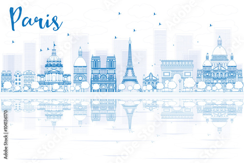 Outline Paris skyline with blue buildings and reflections.