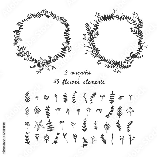 Set of hand drawn flower and leaves wreath and floral elements i