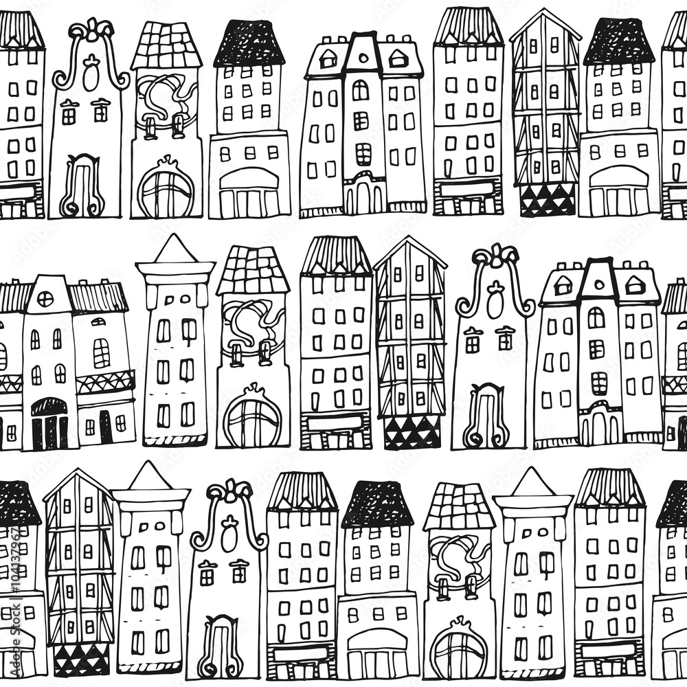 Seamless pattern with hand-drawn European architecture. Seamless pattern with hand-drawn European architecture.