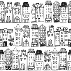 Seamless pattern with hand-drawn European architecture.