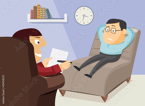 Desperate man with psychologist. Psychology. Trouble. Depression. Anxiety. Phobias. Cartoon vector illustration.