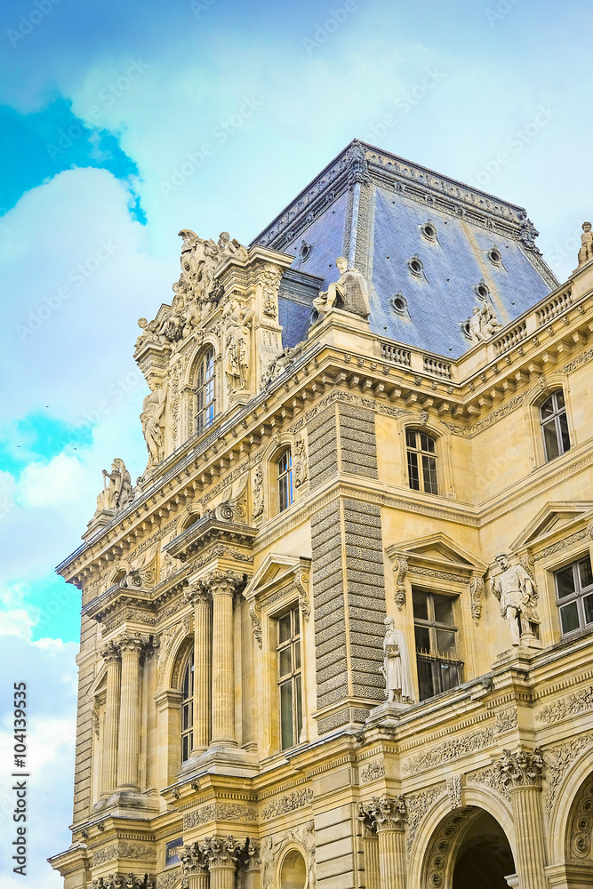 Paris, France, February 10, 2016: facade of Louvre in Paris, France