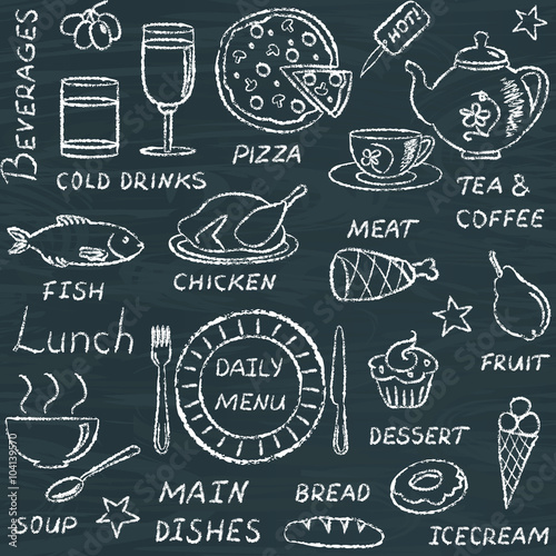 Seamless pattern with doodle menu elements