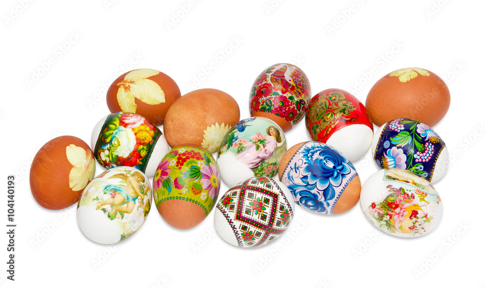 Fototapeta premium Several different Easter eggs on a light background