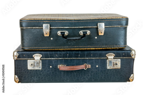 Set of old suitcases. Black retro suitcase. Vintage baggage. Vintage travel bags.