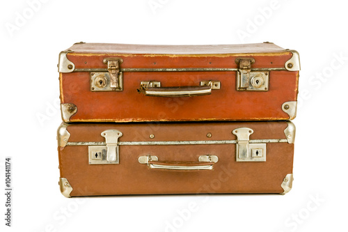 Set of old suitcases. Brown retro suitcase. Vintage baggage. Vintage travel bags.
