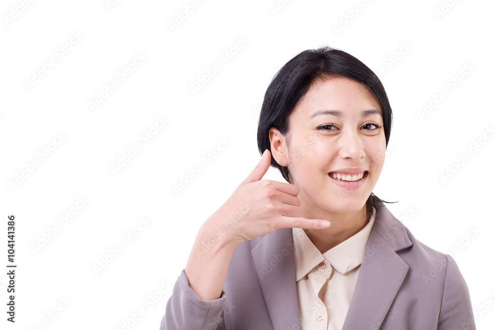 business woman showing contact us hand gesure business woman showing contact us hand gesure