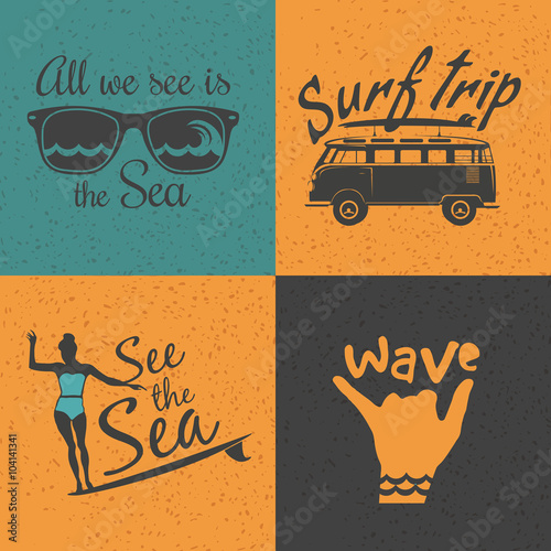 Set of 4 vintage surfing logos, labels, badges and design elemen