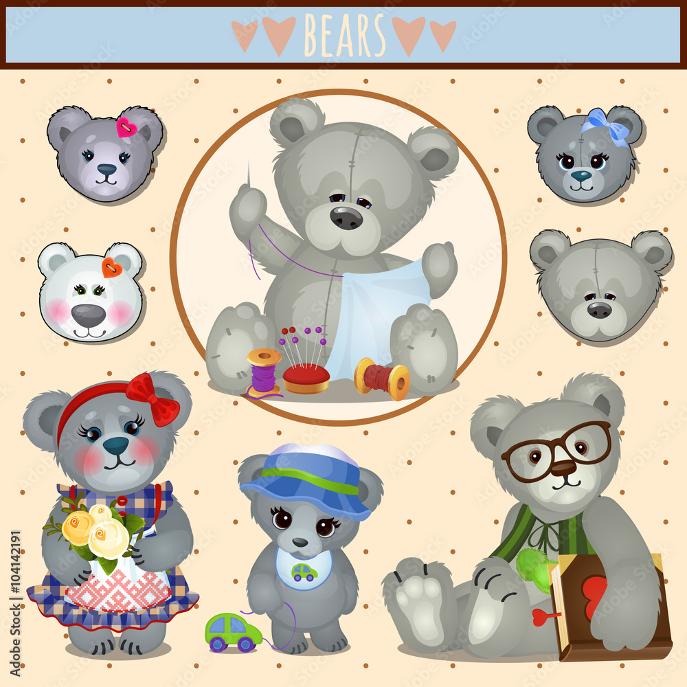 Gray Teddy bears, big family mom, dad and children