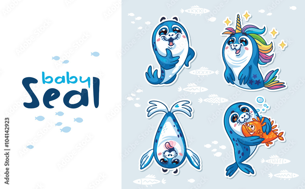 Fototapeta Baby Seal Sticker Collection Set