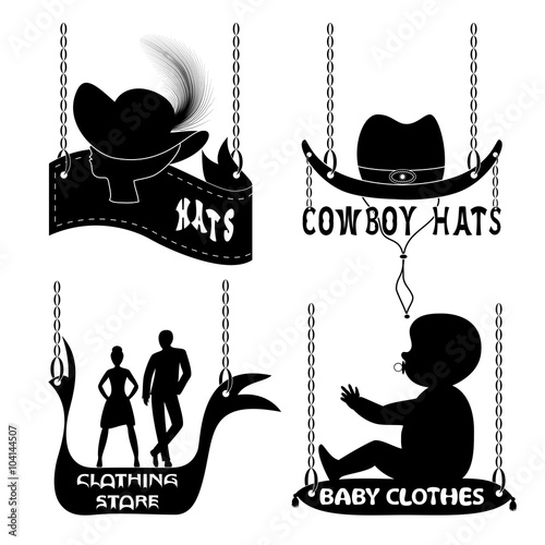 Different signboards of hats and clothes. black signboards of fashionable hats for men and women and clothes for children, men and women